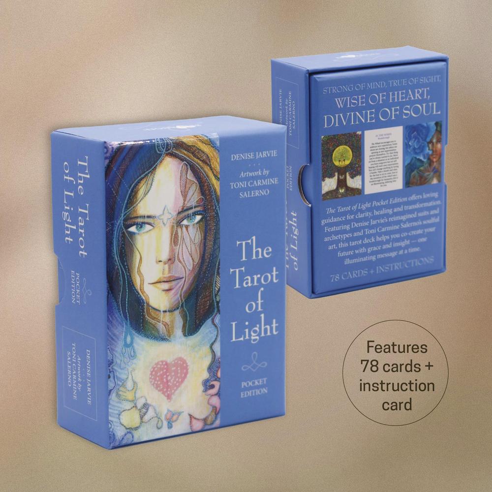 The Tarot of Light Pocket Edition card deck box shown in front and back views on a warm beige background, with a circular callout noting 78 cards and an instruction card.