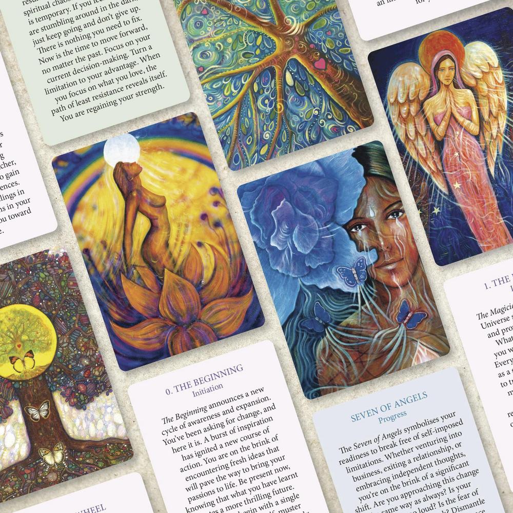 A close-up of a printed card deck or booklet spread showing illustrated oracle-style cards with text. Visible artwork includes a lion, a woman with a cat, peacock-feather motifs, and angel figures, with readable sections such as 'The Beginning' and 'Seven of Angels.