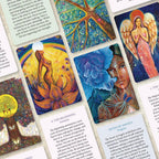 A close-up of a printed card deck or booklet spread showing illustrated oracle-style cards with text. Visible artwork includes a lion, a woman with a cat, peacock-feather motifs, and angel figures, with readable sections such as 'The Beginning' and 'Seven of Angels.