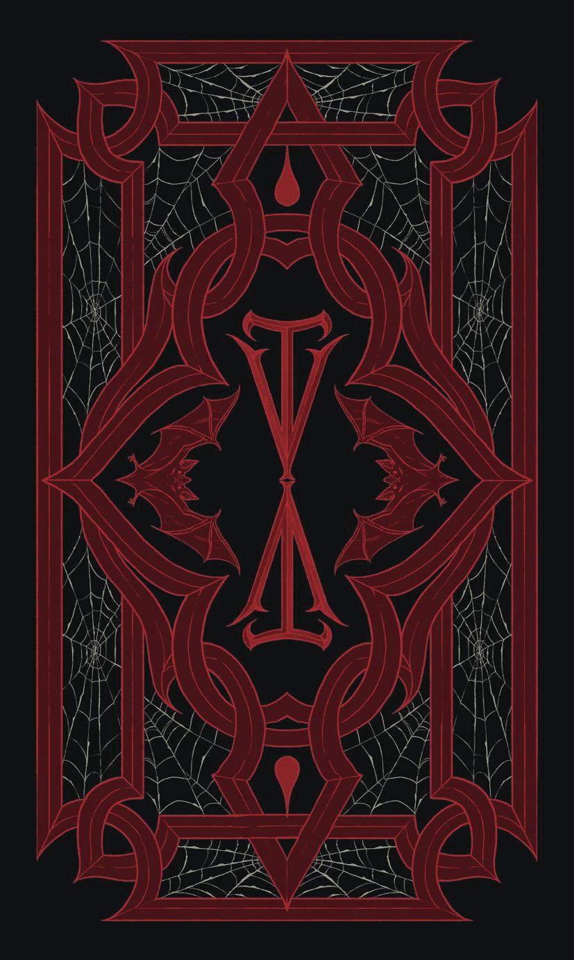Decorative red symbol on a black background with spider web design