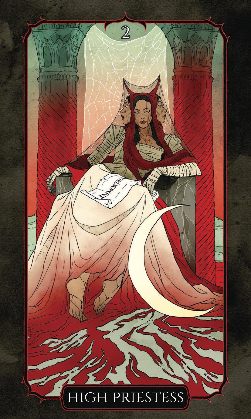 Tarot card featuring the 'High Priestess' with a woman in a red and white robe and a crescent moon.