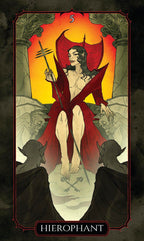 Tarot card featuring a figure in red robes with a staff, surrounded by dark figures on a dark background.