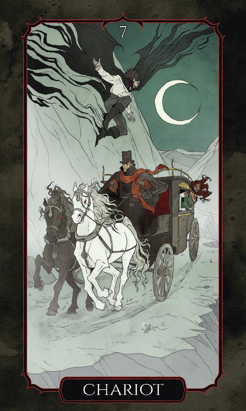 Tarot card titled 'Chariot' with a person on horseback and a carriage, under a crescent moon.
