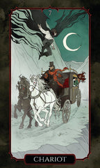 Tarot card titled 'Chariot' with a person on horseback and a carriage, under a crescent moon.