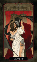 Tarot card titled 'Lovers' with a dark and romantic illustration of a couple.