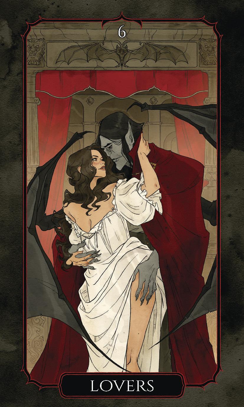 Tarot card titled 'Lovers' with a dark and romantic illustration of a couple.