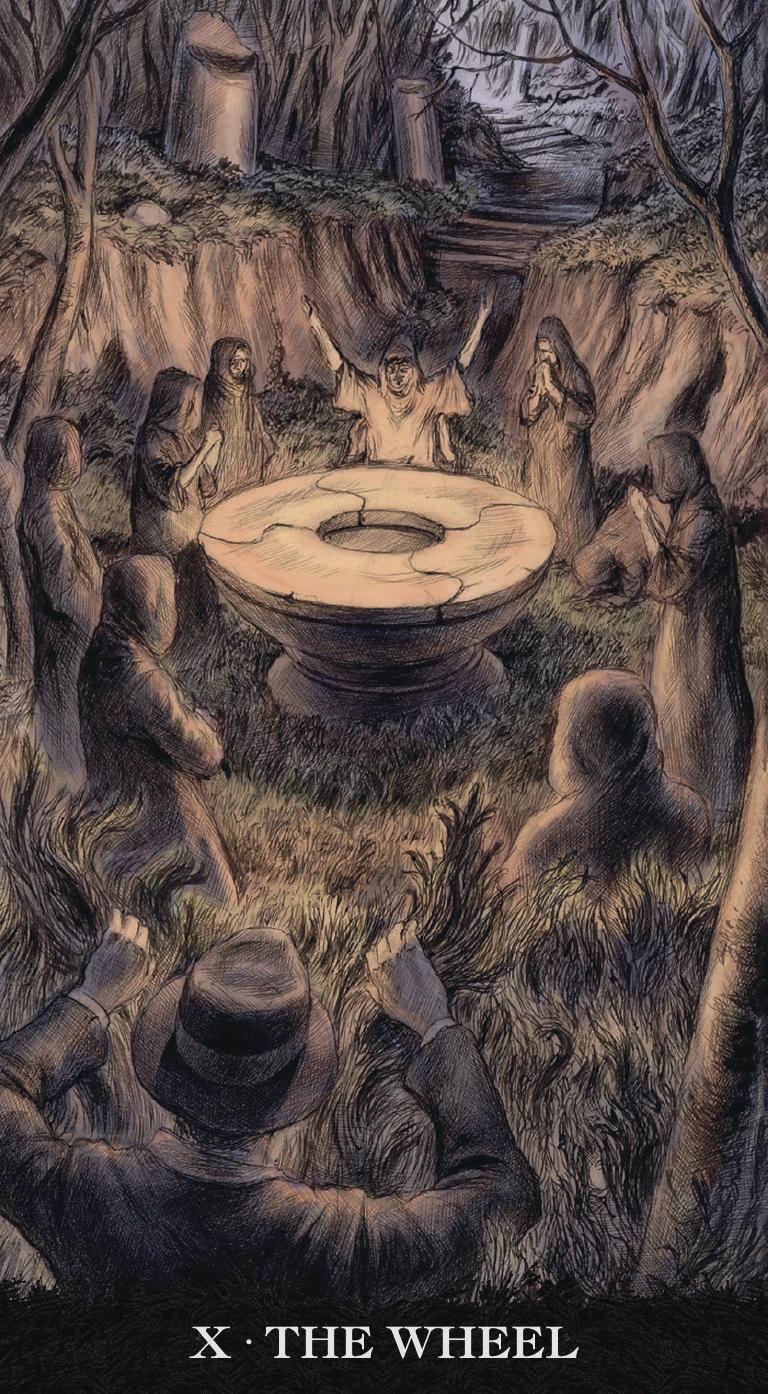 Artistic depiction of a group gathered around a central stone structure in a forest setting, with 'X - The Wheel' at the bottom.