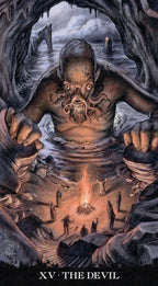 Illustration of a figure emerging from water with a candle, labeled 'The Devil', in a dark, cave-like setting.