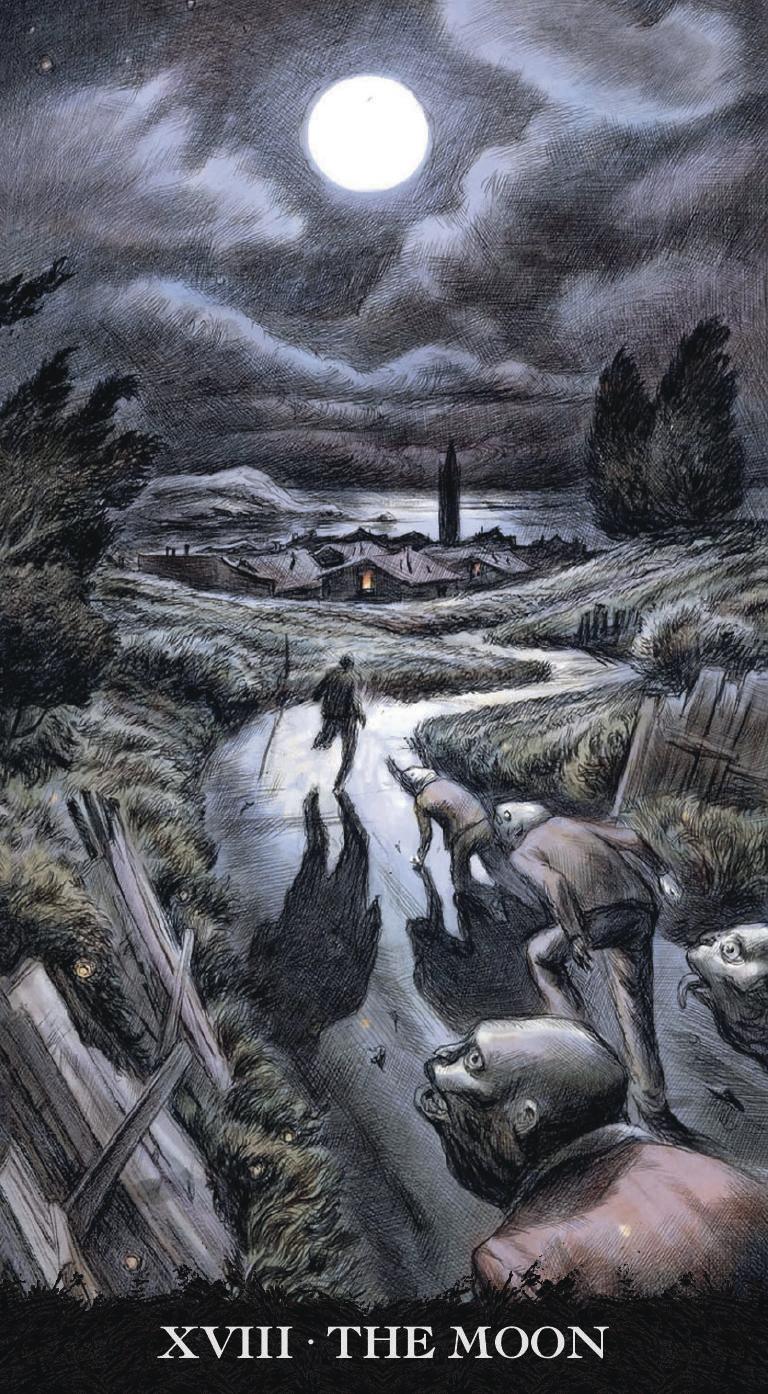 Dark, moody landscape with a full moon over a village, featuring a horse and people around a well.