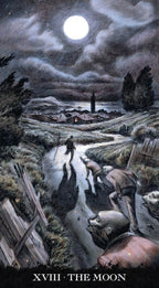 Dark, moody landscape with a full moon over a village, featuring a horse and people around a well.