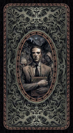 Vintage-style portrait of a man with ornate frame and dark background