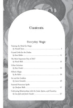 A grayscale book or booklet page showing the Contents section for 'Everyday Magic,' with a large white arched panel over a gray illustrated background.