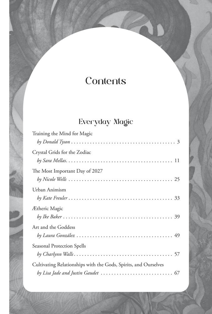 A grayscale book or booklet page showing the Contents section for 'Everyday Magic,' with a large white arched panel over a gray illustrated background.