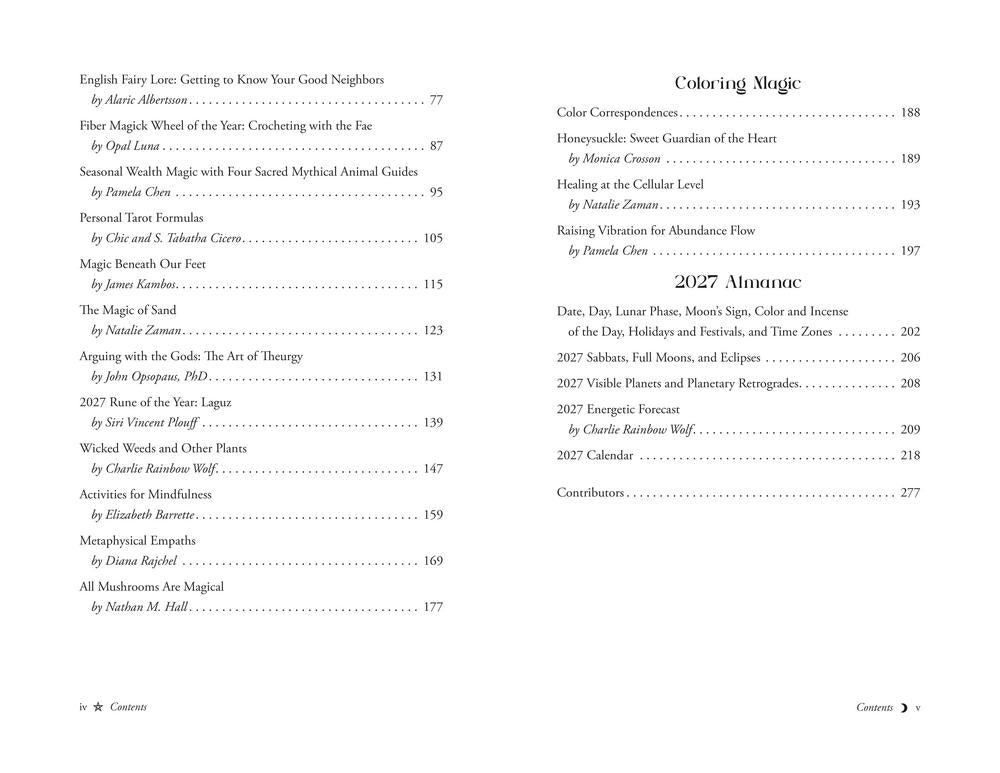 A printed page from a book or booklet showing a table of contents with black text on a white page, including headings like 'Coloring Magic' and '2017 Magic.'.