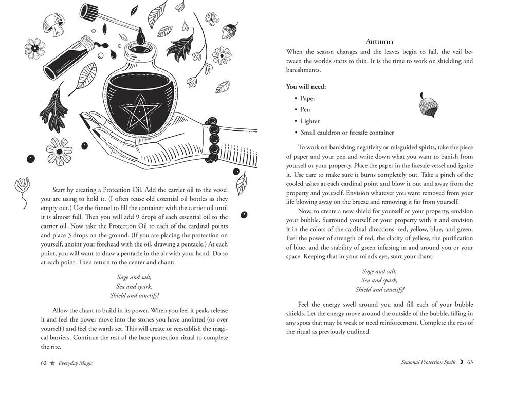 A printed page with black line drawings of a windmill and a small garden scene, alongside instructional text about creating Protection Oil and writing a protection spell. The page appears to be from a booklet or guide titled Everyday Magic.