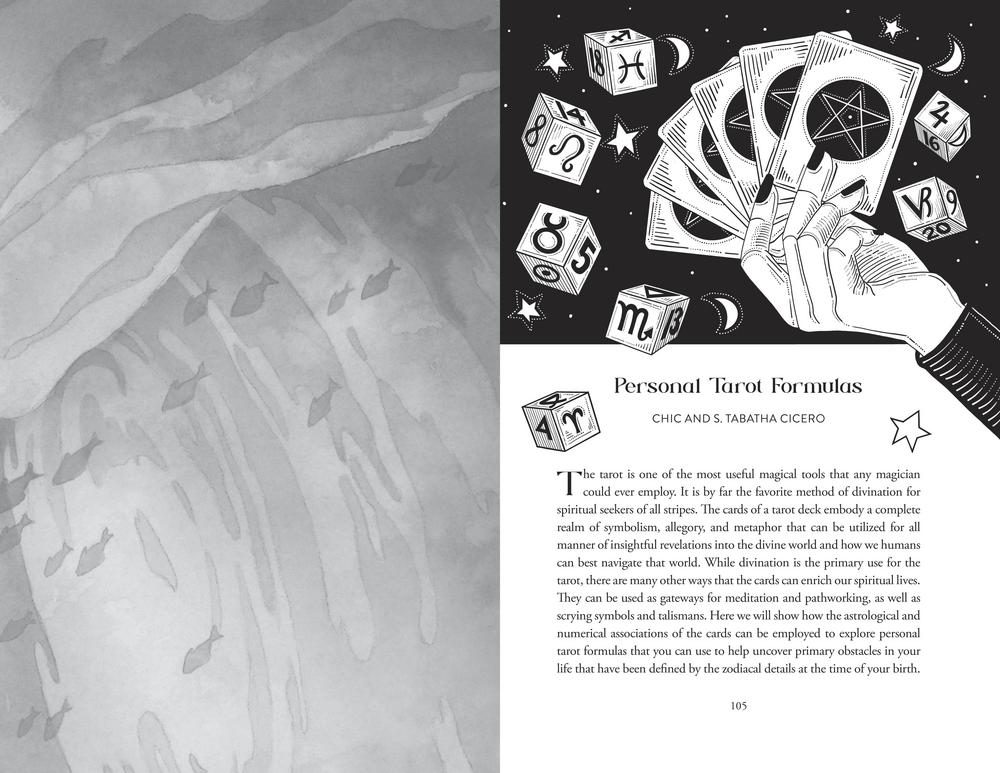 A book or booklet page with a grayscale mountain illustration on the left, black-and-white tarot card illustrations and text on the right, including the title 'Personal Tarot Formulas'.