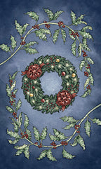 Decorative design of a Christmas wreath with holly leaves and berries on a blue background.