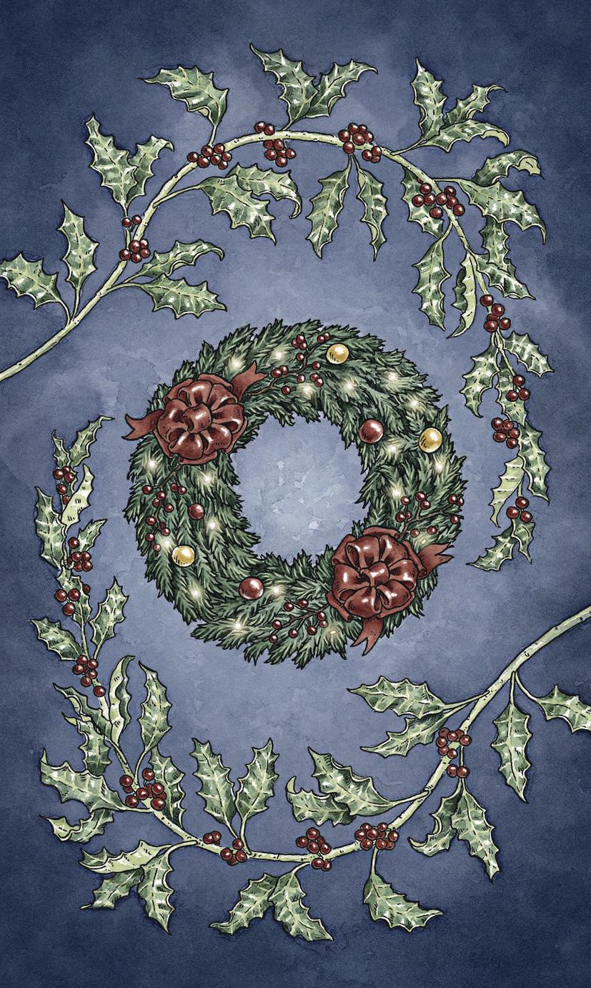 Decorative design of a Christmas wreath with holly leaves and berries on a blue background.