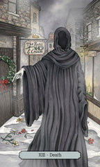 Figure in a long dark robe standing in a snowy street with 'The Rose & Crown' pub sign.