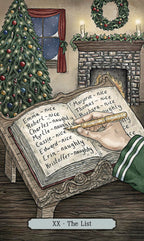 Illustration of a hand writing on a list with a Christmas tree and fireplace in the background