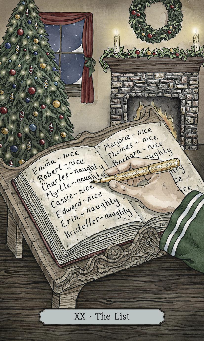 Illustration of a hand writing on a list with a Christmas tree and fireplace in the background