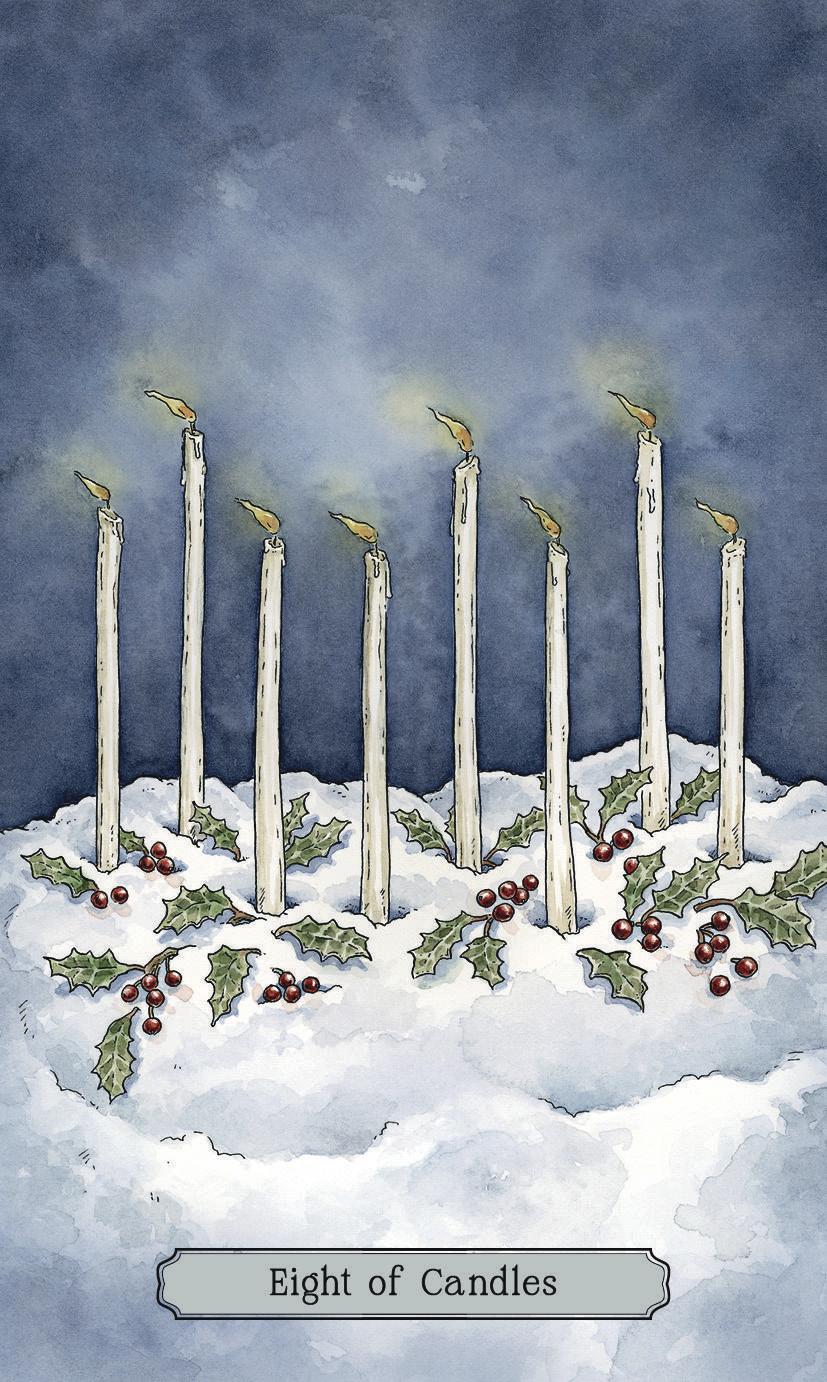 Card with eight lit candles on a snowy base, surrounded by holly leaves and berries, against a dark blue background.