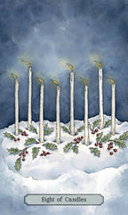 Card with eight lit candles on a snowy base, surrounded by holly leaves and berries, against a dark blue background.