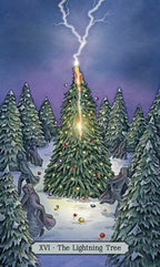 Card titled 'The Lightning Tree' with a Christmas tree on fire in a snowy forest, featuring lightning.
