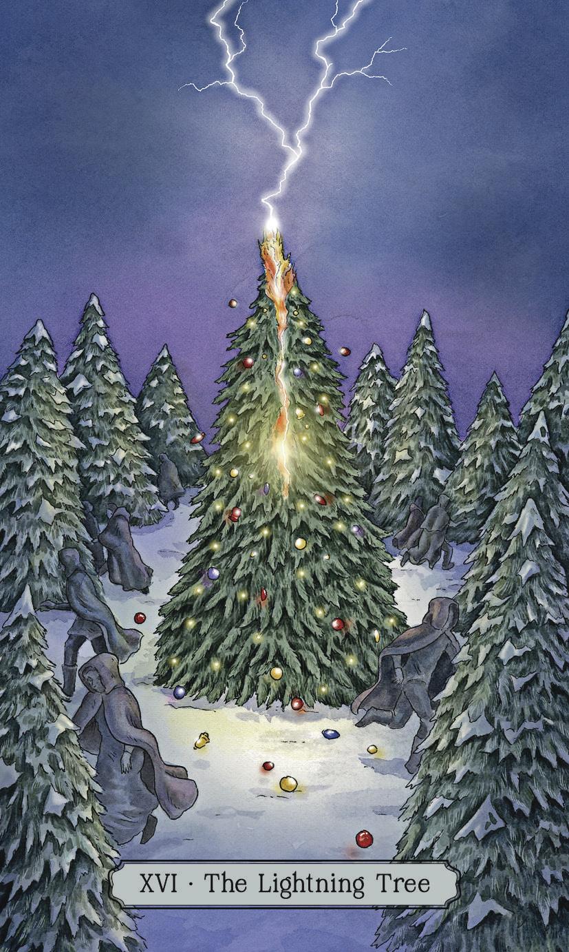 Card titled 'The Lightning Tree' with a Christmas tree on fire in a snowy forest, featuring lightning.
