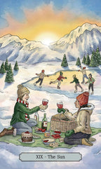 Two people enjoying a picnic and drinking wine on a snowy landscape with mountains in the background.