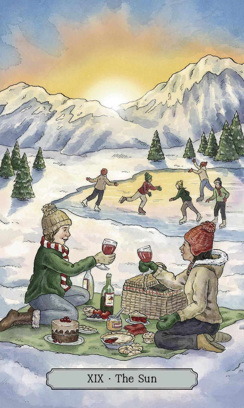 Two people enjoying a picnic and drinking wine on a snowy landscape with mountains in the background.
