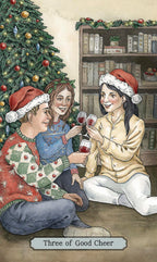 Three people in festive clothing sitting around a Christmas tree with books on shelves in the background.
