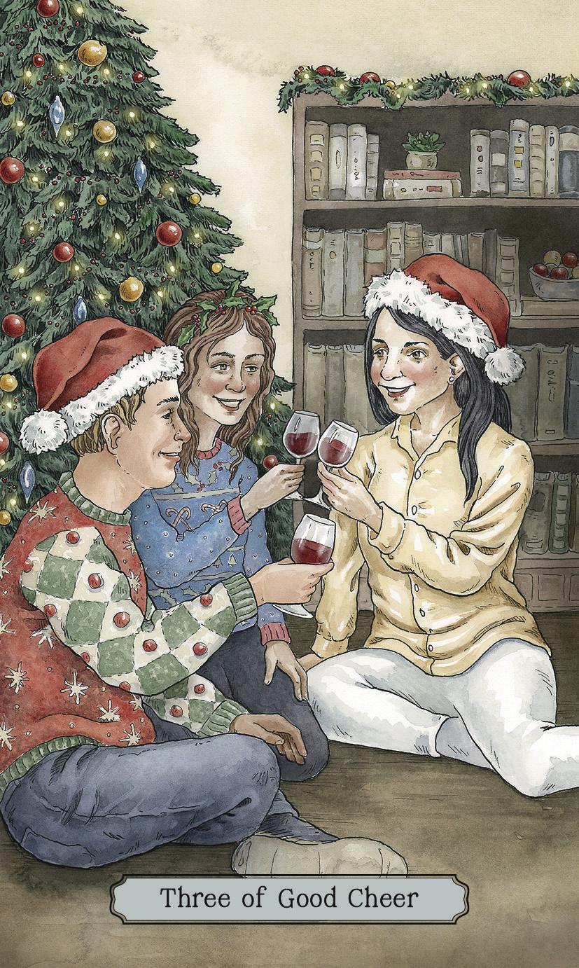 Three people in festive clothing sitting around a Christmas tree with books on shelves in the background.