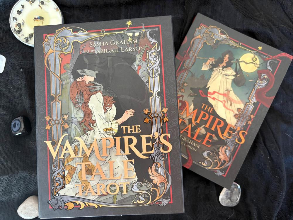 Two vintage-style illustrated book covers or boxes titled "The Vampires" and "The Bride of Charysh" displayed on a dark fabric background.