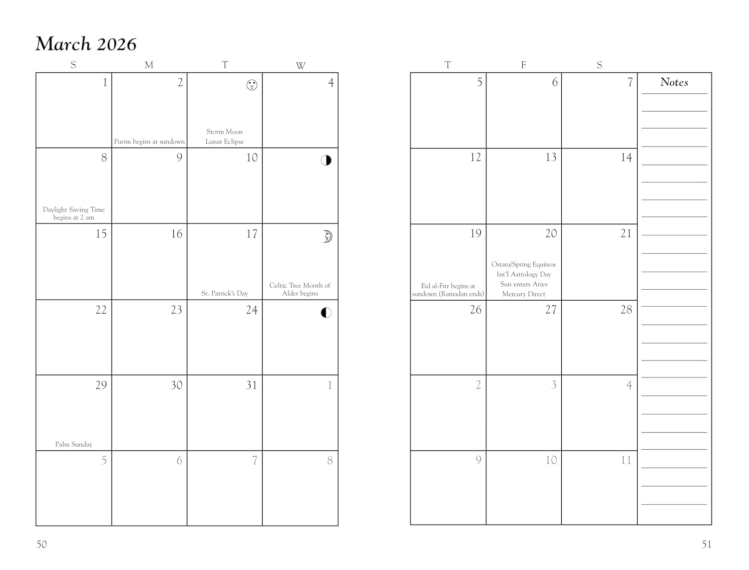 Calendar for March 2026 with notes section on a white background