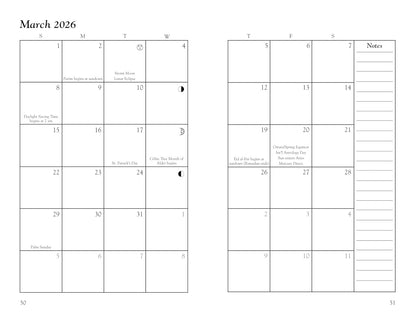 Calendar for March 2026 with notes section on a white background