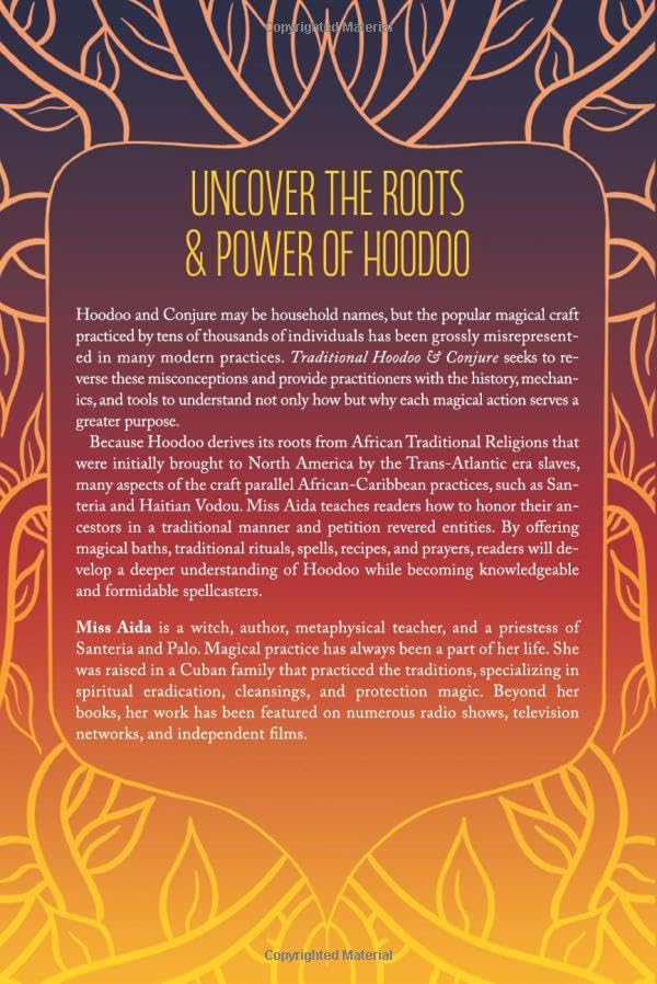 Book cover with text about Hoodoo and Conjure, featuring decorative elements.