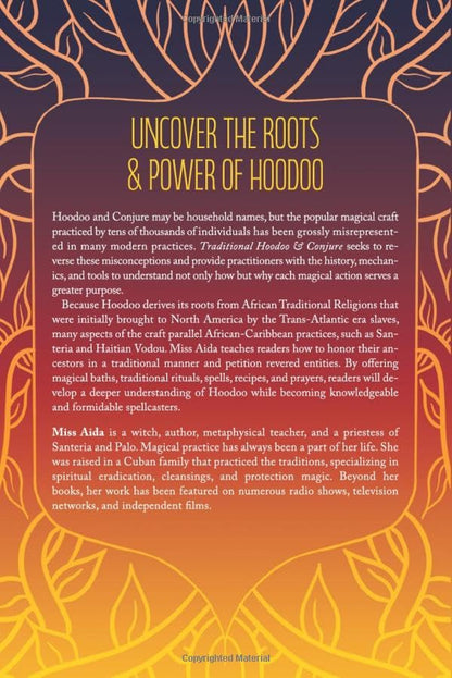Book cover with text about Hoodoo and Conjure, featuring decorative elements.