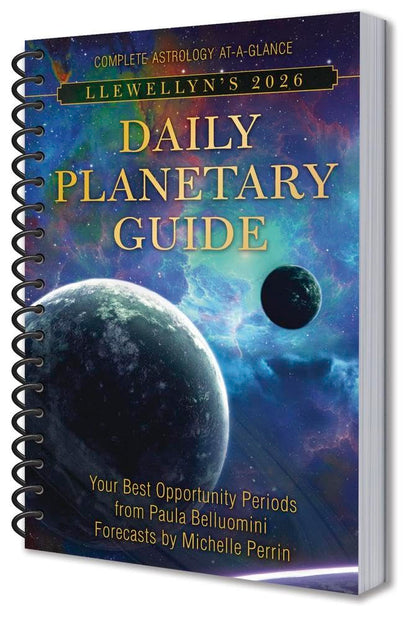 Book titled 'Llewellyn's 2026 Daily Planetary Guide' with celestial design on cover