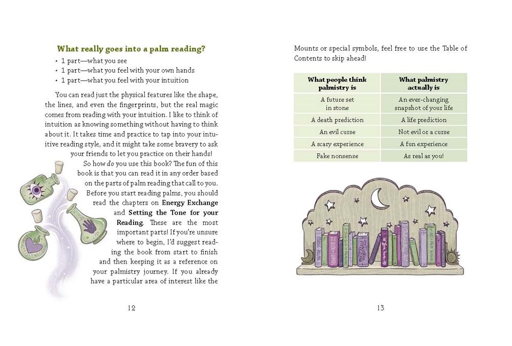 Two-page spread with text on palm reading basics, small, illustrated hands, and a comparison chart showing common misconceptions versus what palmistry actually is.
