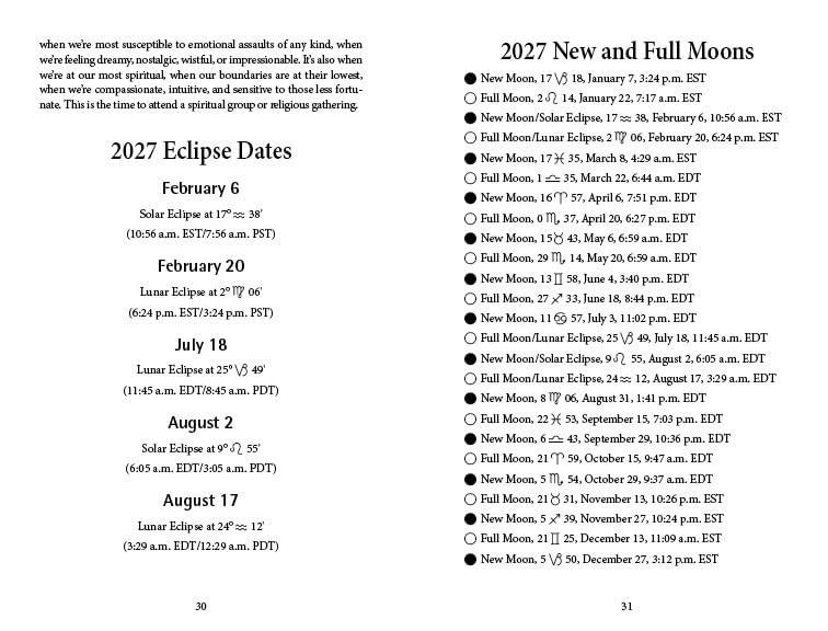 Calendar page with 2027 New and Full Moons and Eclipse dates.