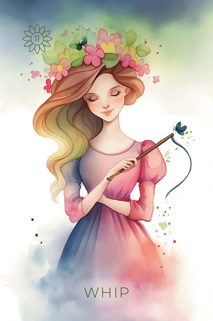 Illustration of a girl with a flower crown and a whip, with the word 'WHIP' at the bottom.