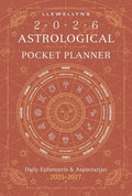 Llewellyn's 2026 Astrological Pocket Planner with astrological symbols on a brown background