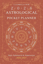 Llewellyn's 2026 Astrological Pocket Planner with astrological symbols on a brown background