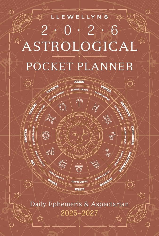 Llewellyn's 2026 Astrological Pocket Planner with astrological symbols on a brown background