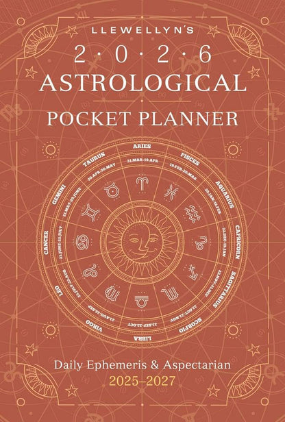 Llewellyn's 2026 Astrological Pocket Planner with astrological symbols on a brown background