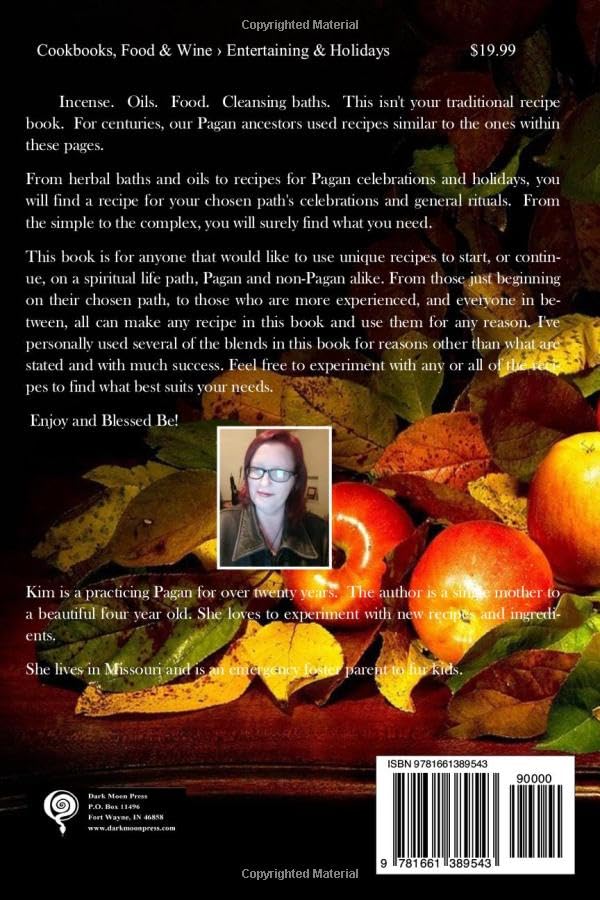Back cover of a book with apples, leaves, and a photo of a person on a dark background