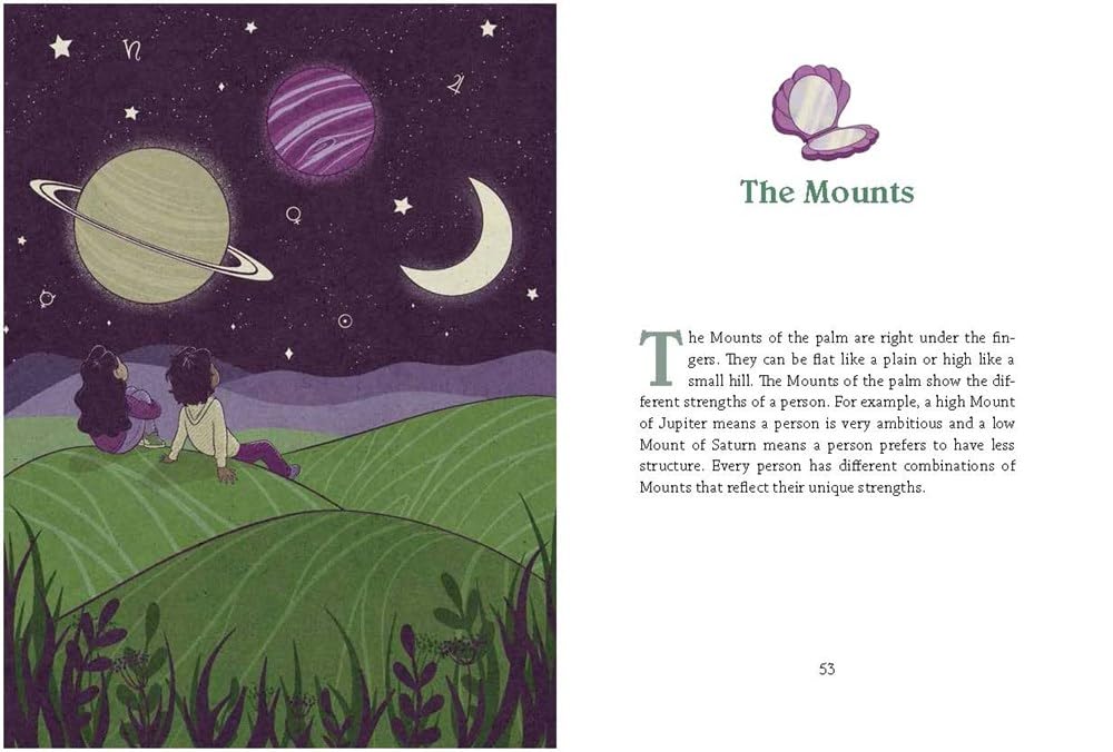 Left page shows two people on a hill under a starry sky. Right page explains palm Mounts beneath the fingers and how their height reflects different personal strengths.