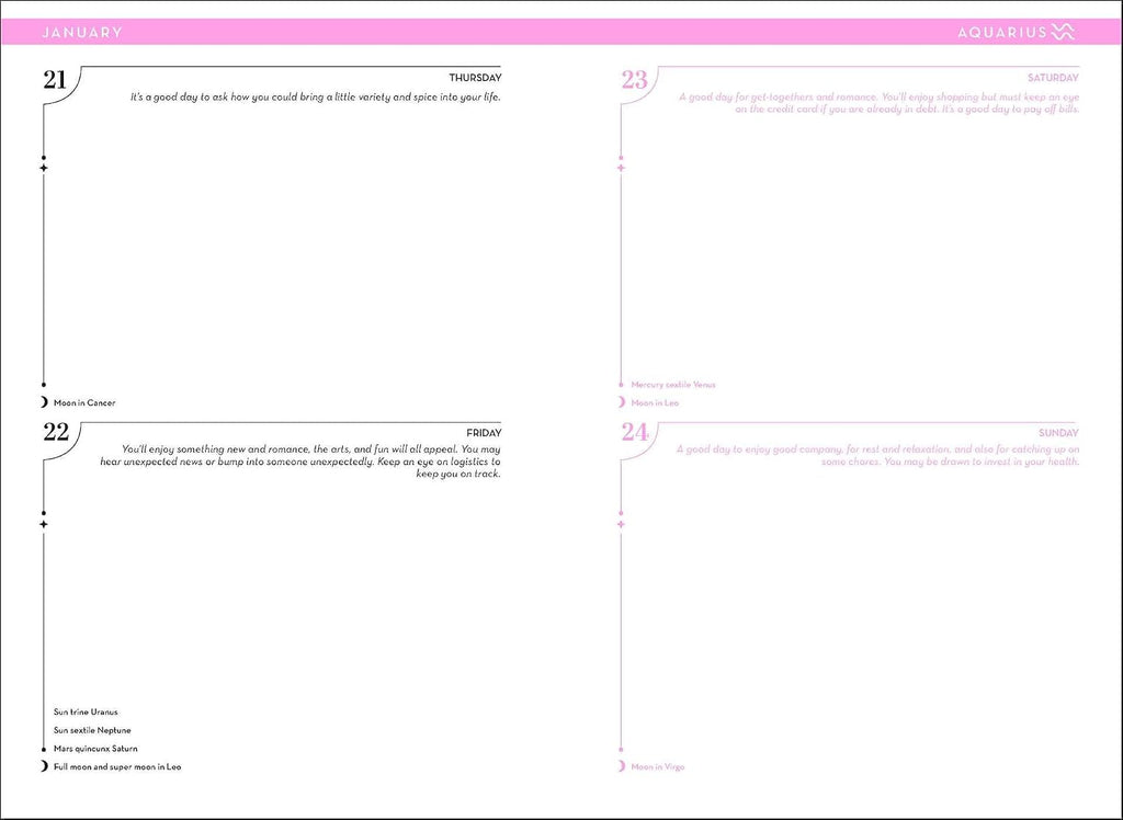 A two-page spread of a planner or calendar layout with a white background, pink headers, and black and pink text. The left page is labeled January and shows weekly sections from Monday through Friday with brief prompts and notes.
