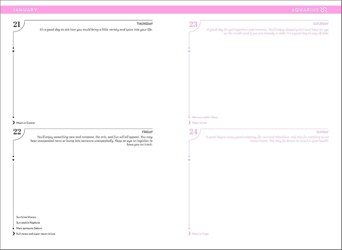 A two-page spread of a planner or calendar layout with a white background, pink headers, and black and pink text. The left page is labeled January and shows weekly sections from Monday through Friday with brief prompts and notes.